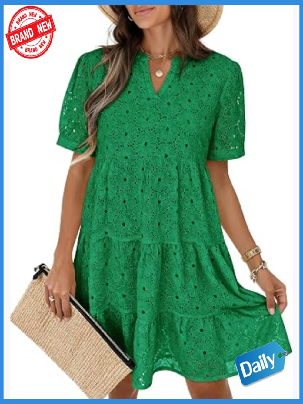 Eyelet Babydoll Swing Dress with Pockets - Short Sleeve V Neck Tunic
